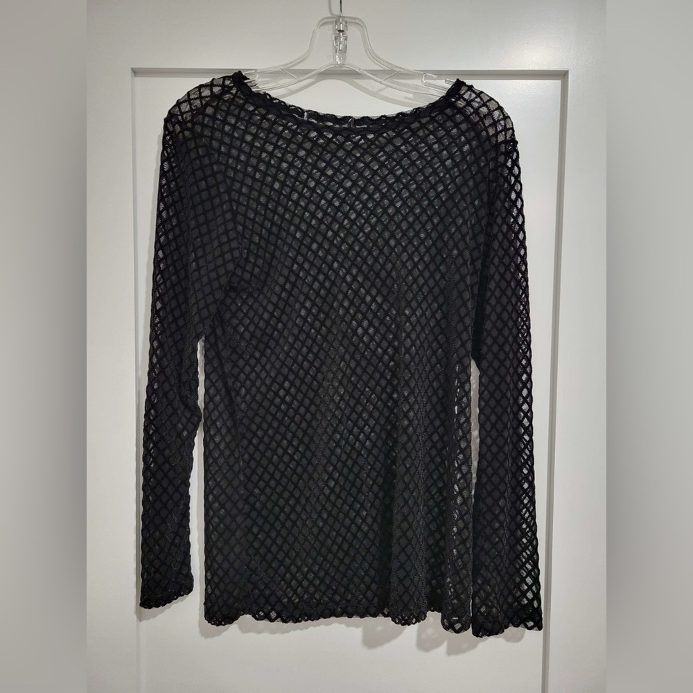 Unbranded black long sleeve sheer mesh top w/ velour diamond pattern